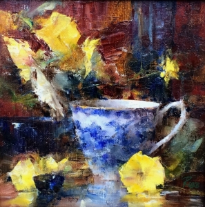 robb laura fine pansies teacup yellow paintings oil astoriafineart artist painting